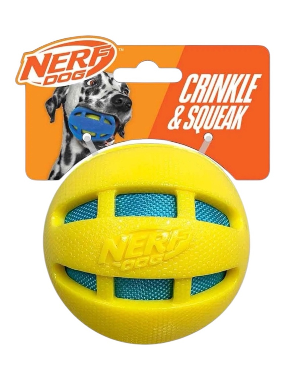 3.8in TPR Checker Squeak and Crunch Ball Dog Toy Yellow with Blue Crunch Bag NEW